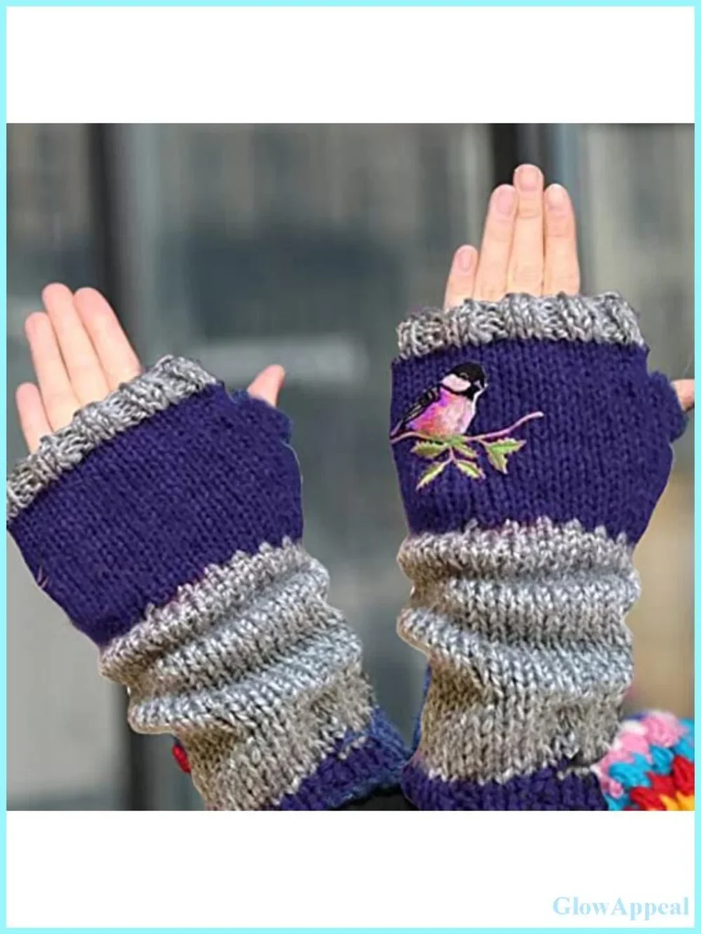 Vintage Knitted Fingerless Gloves with Bird Embroidery, Acrylic Warm Winter